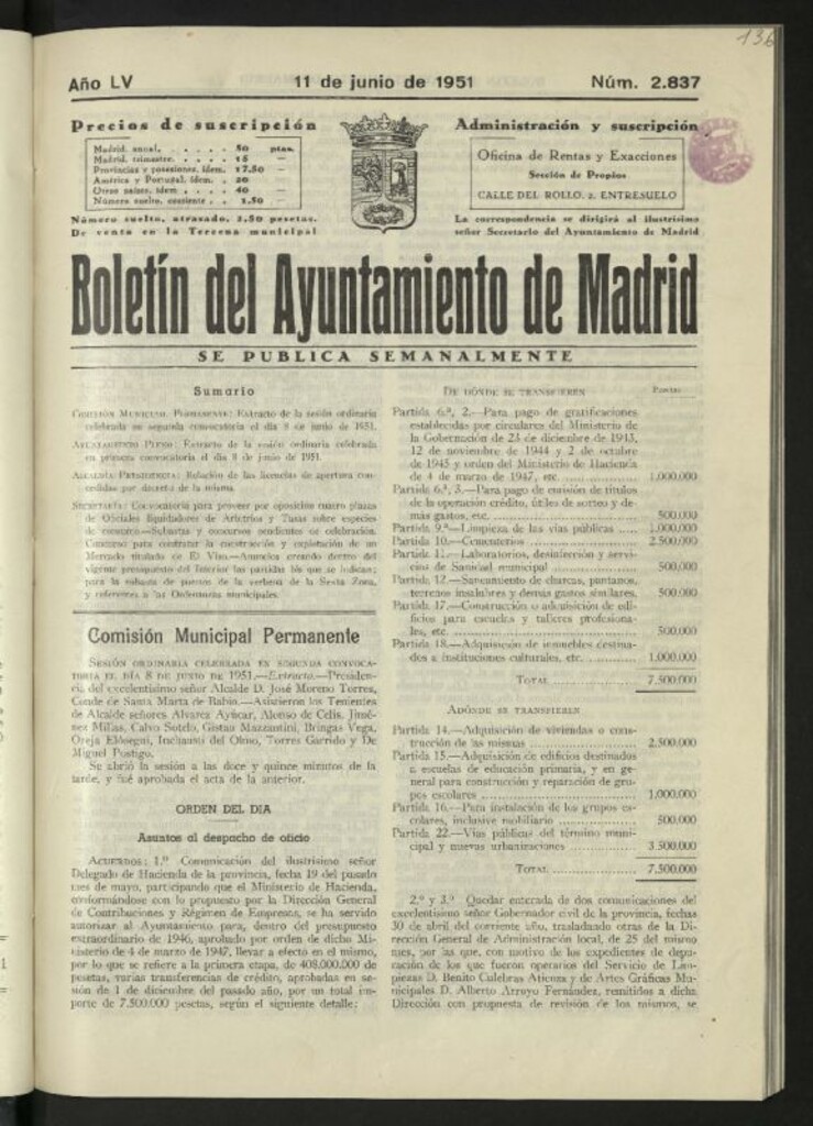 Miniatura de Boletín oficial del Ayuntamiento del 11 de junio de 1951, nº 2837