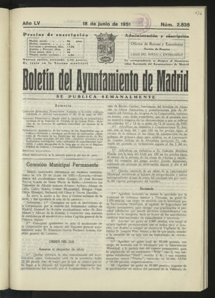 Miniatura de Boletín oficial del Ayuntamiento del 18 de junio de 1951, nº 2838
