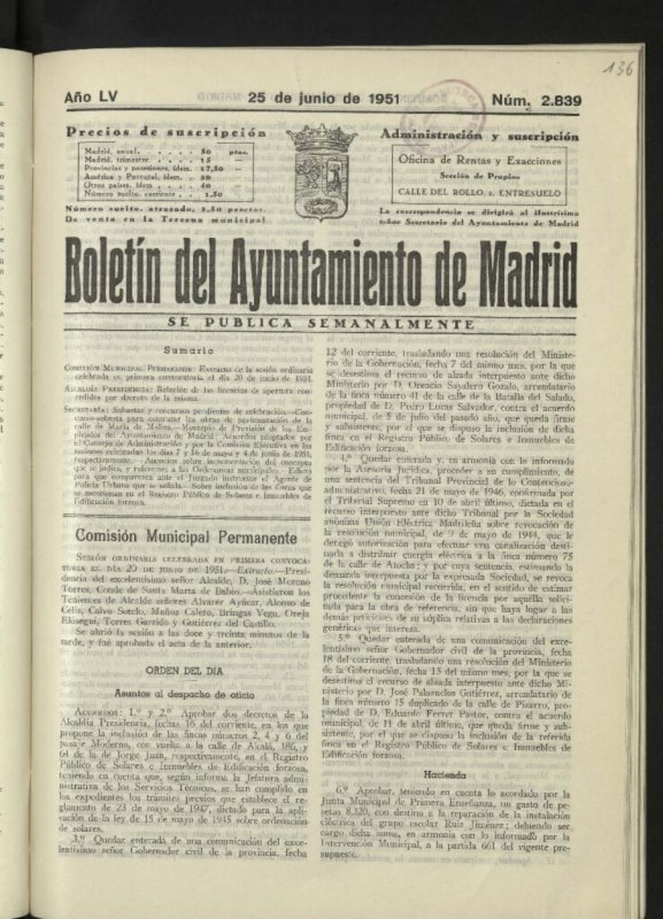 Miniatura de Boletín oficial del Ayuntamiento del 25 de junio de 1951, nº 2839