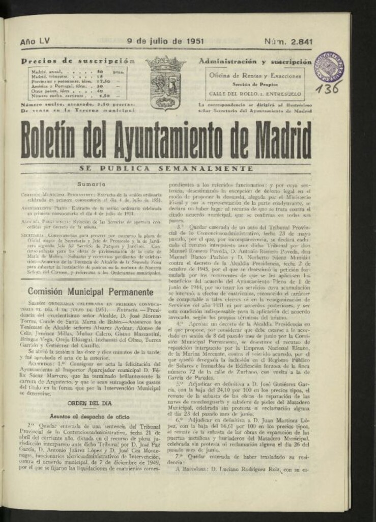 Miniatura de Boletín oficial del Ayuntamiento del 9 de julio de 1951, nº 2841