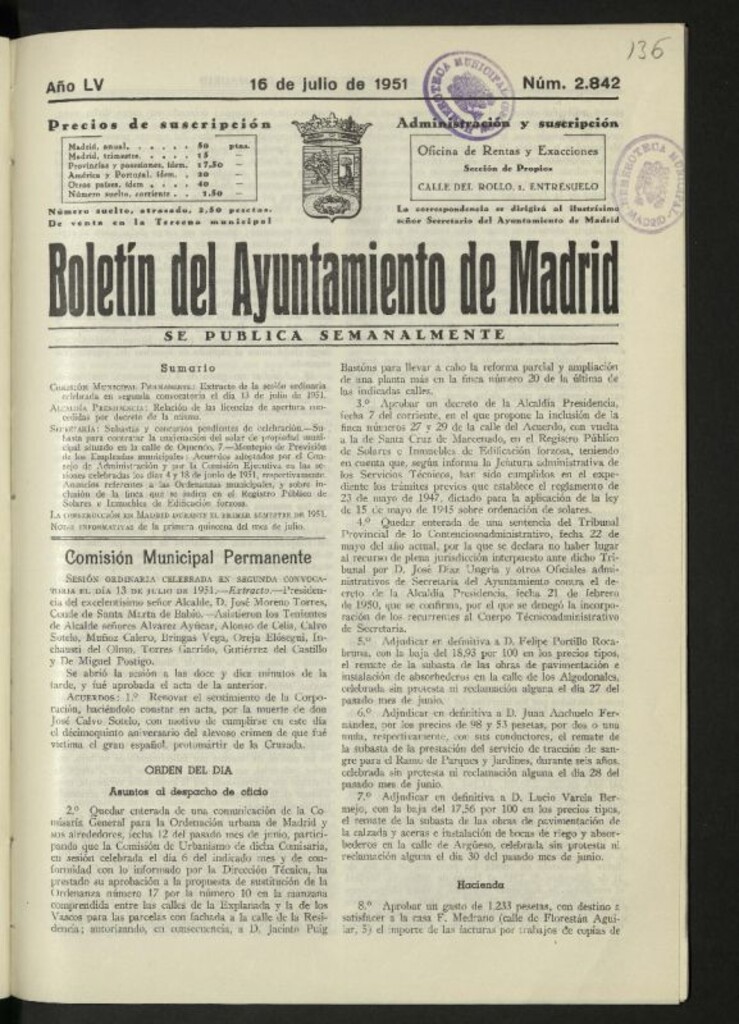 Miniatura de Boletín oficial del Ayuntamiento del 16 de julio de 1951, nº 2842