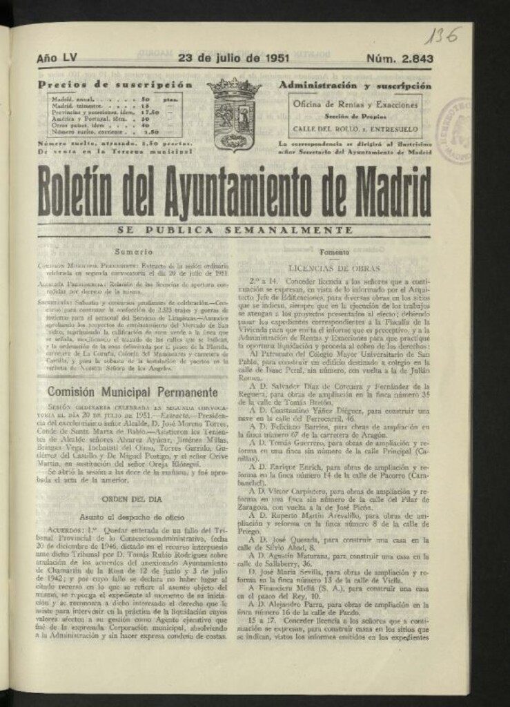 Miniatura de Boletín oficial del Ayuntamiento del 23 de julio de 1951, nº 2843