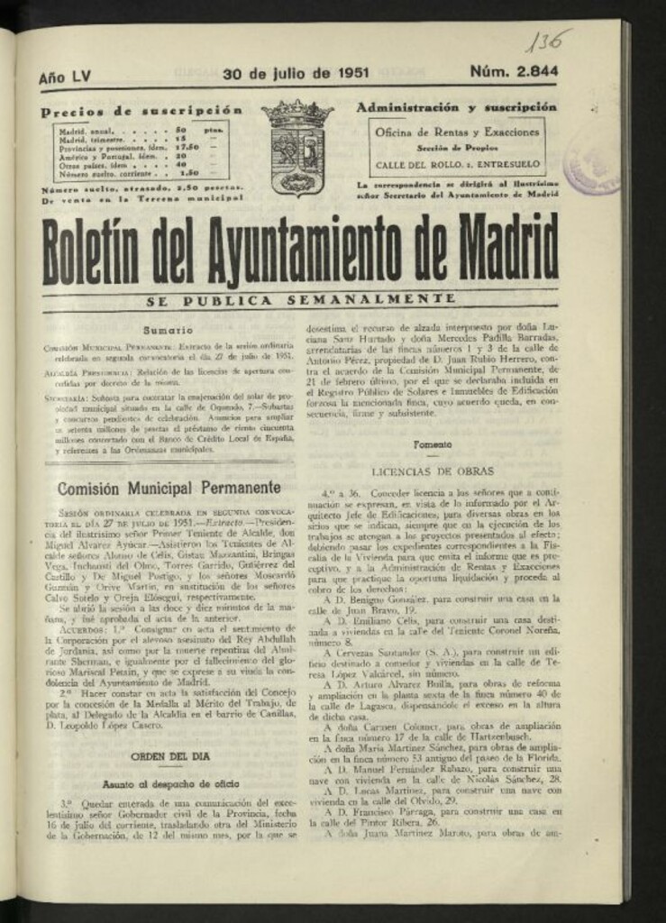 Miniatura de Boletín oficial del Ayuntamiento del 30 de julio de 1951, nº 2844