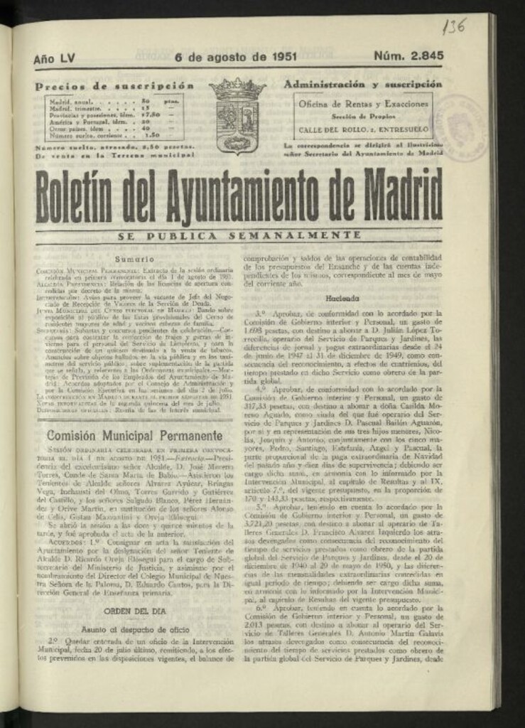 Miniatura de Boletín oficial del Ayuntamiento del 6 de agosto de 1951, nº 2845