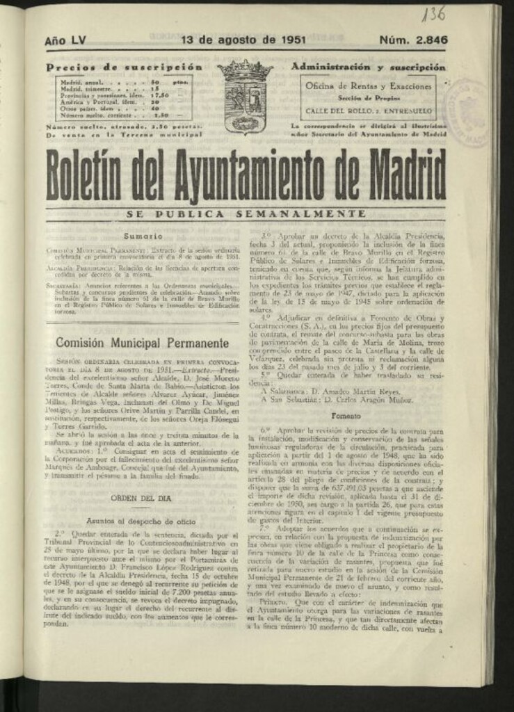 Miniatura de Boletín oficial del Ayuntamiento del 13 de agosto de 1951, nº 2846