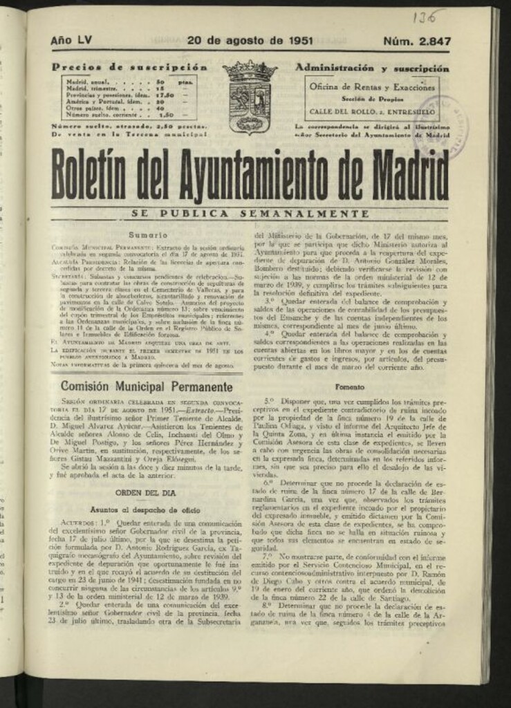Miniatura de Boletín oficial del Ayuntamiento del 20 de agosto de 1951, nº 2847
