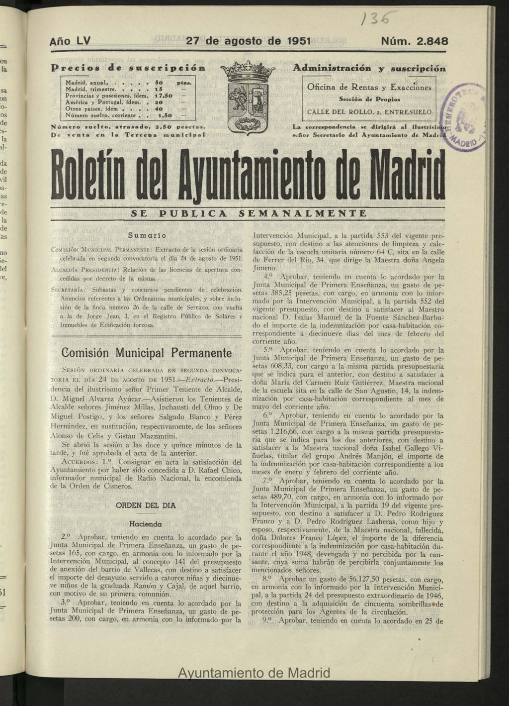 Miniatura de Boletín oficial del Ayuntamiento del 27 de agosto de 1951, nº 2848