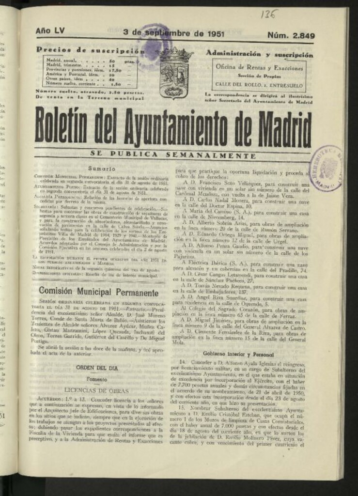 Miniatura de Boletín oficial del Ayuntamiento del 3 de septiembre de 1951, nº 2849