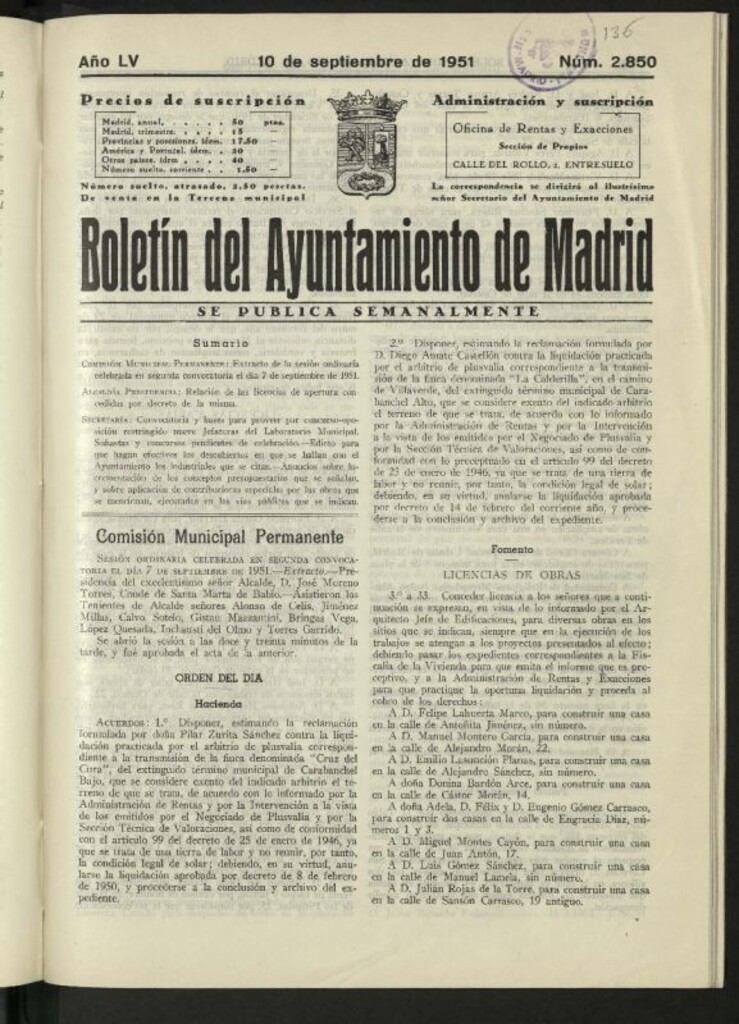 Miniatura de Boletín oficial del Ayuntamiento del 10 de septiembre de 1951, nº 2850