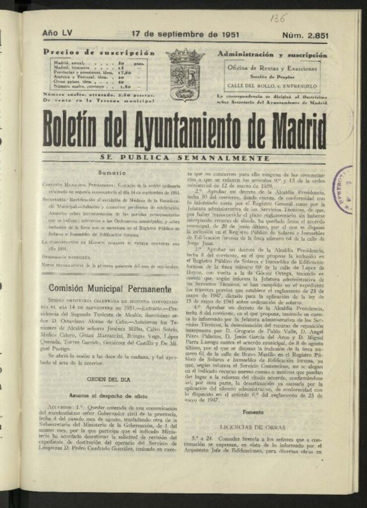 Miniatura de Boletín oficial del Ayuntamiento del 17 de septiembre de 1951, nº 2851