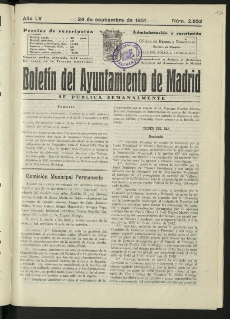 Miniatura de Boletín oficial del Ayuntamiento del 24 de septiembre de 1951, nº 2852