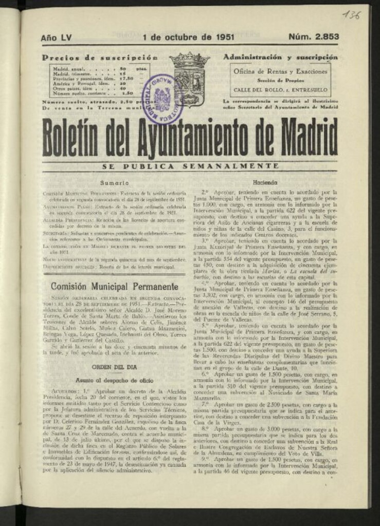 Miniatura de Boletín oficial del Ayuntamiento del 1 de octubre de 1951, nº 2853