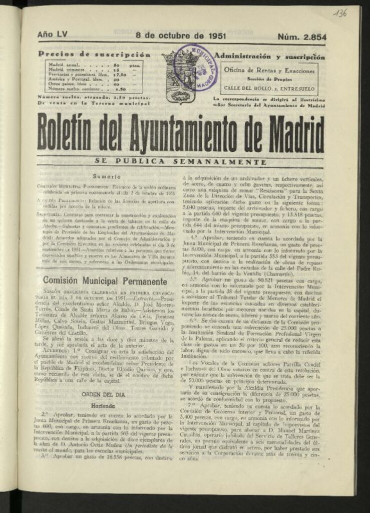 Miniatura de Boletín oficial del Ayuntamiento del 8 de octubre de 1951, nº 2854