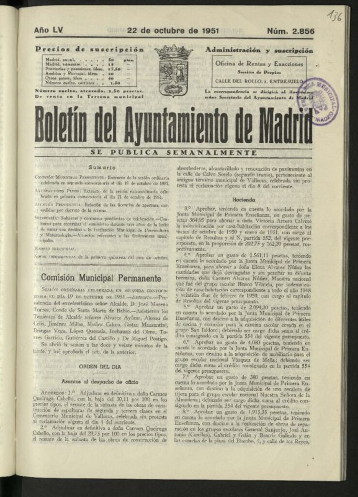 Miniatura de Boletín oficial del Ayuntamiento del 22 de octubre de 1951, nº 2856