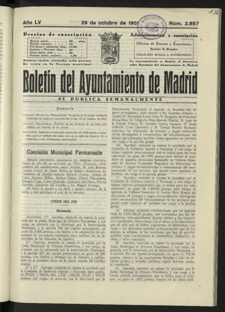 Miniatura de Boletín oficial del Ayuntamiento del 29 de octubre de 1951, nº 2857
