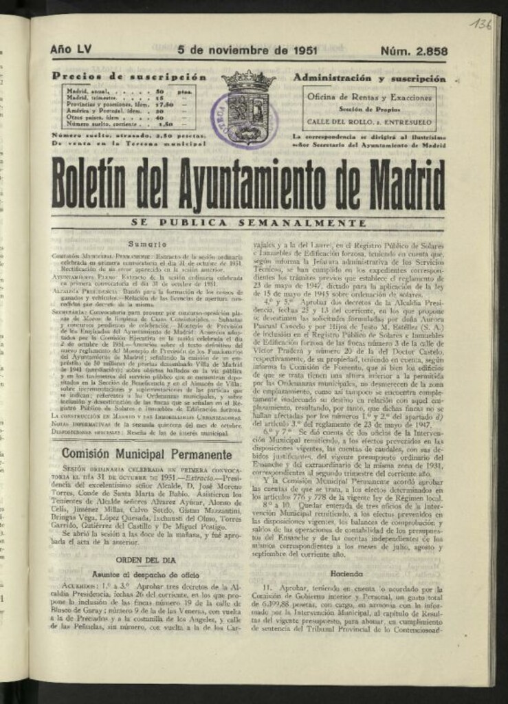 Miniatura de Boletín oficial del Ayuntamiento del 5 de noviembre de 1951, nº 2858