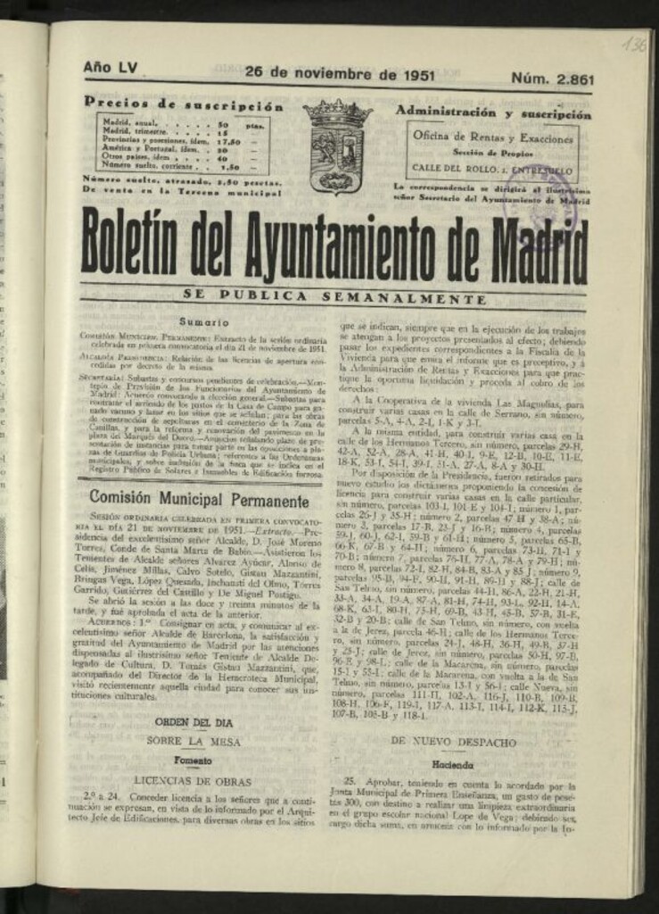 Miniatura de Boletín oficial del Ayuntamiento del 26 de noviembre de 1951, nº 2861