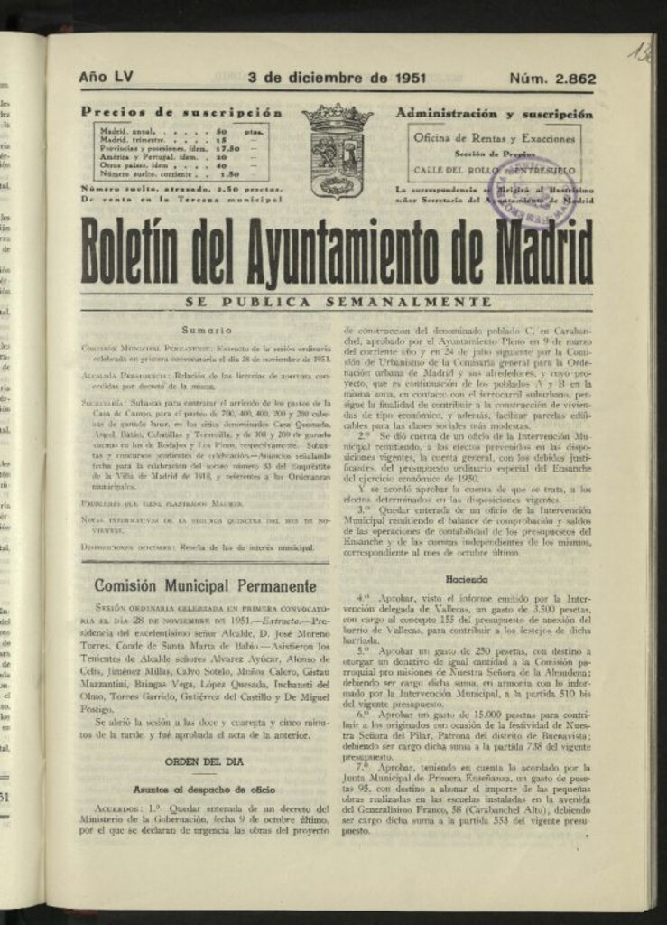Miniatura de Boletín oficial del Ayuntamiento del 3 de diciembre de 1951, nº 2862