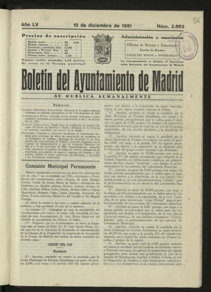 Miniatura de Boletín oficial del Ayuntamiento del 10 de diciembre de 1951, nº 2863