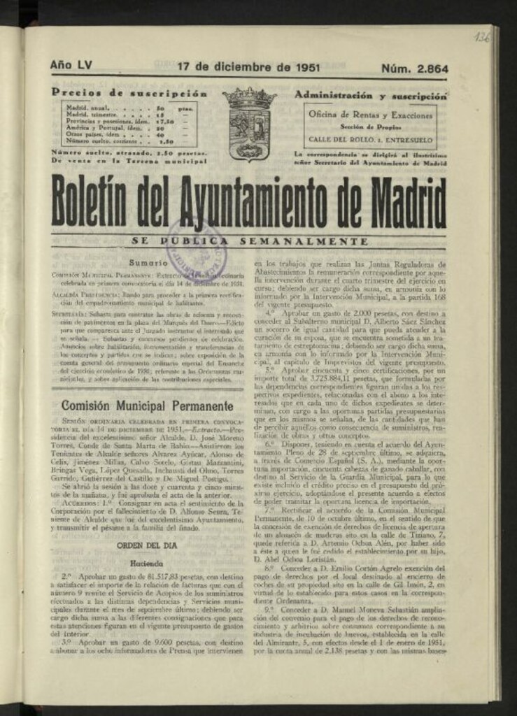 Miniatura de Boletín oficial del Ayuntamiento del 17 de diciembre de 1951, nº 2864