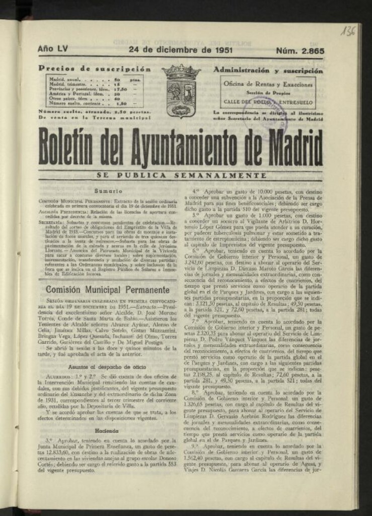 Miniatura de Boletín oficial del Ayuntamiento del 24 de diciembre de 1951, nº 2865