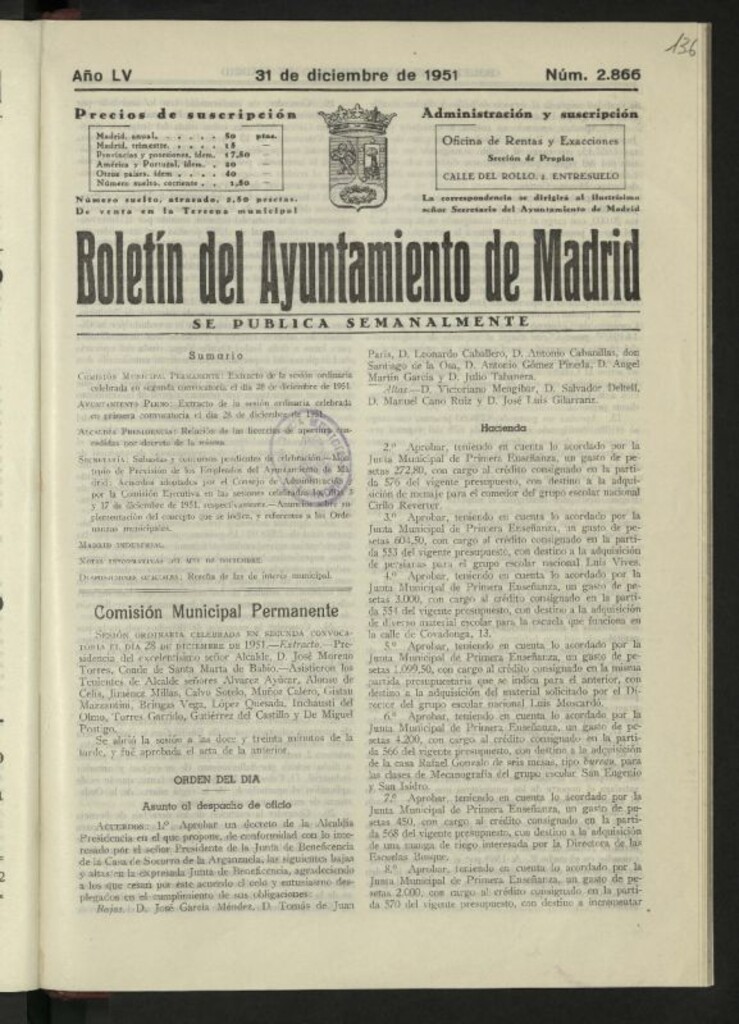 Miniatura de Boletín oficial del Ayuntamiento del 31 de diciembre de 1951, nº 2866