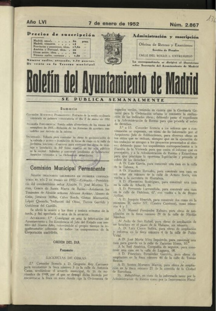 Miniatura de Boletín oficial del Ayuntamiento del 7 de enero de 1952, nº 2867