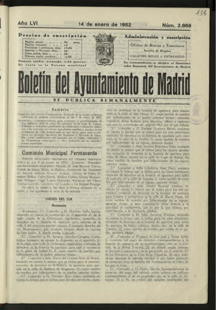 Miniatura de Boletín oficial del Ayuntamiento del 14 de enero de 1952, nº 2868