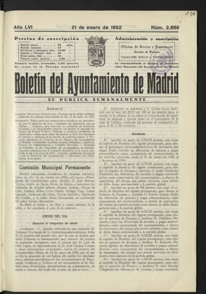 Miniatura de Boletín oficial del Ayuntamiento del 21 de enero de 1952, nº 2869