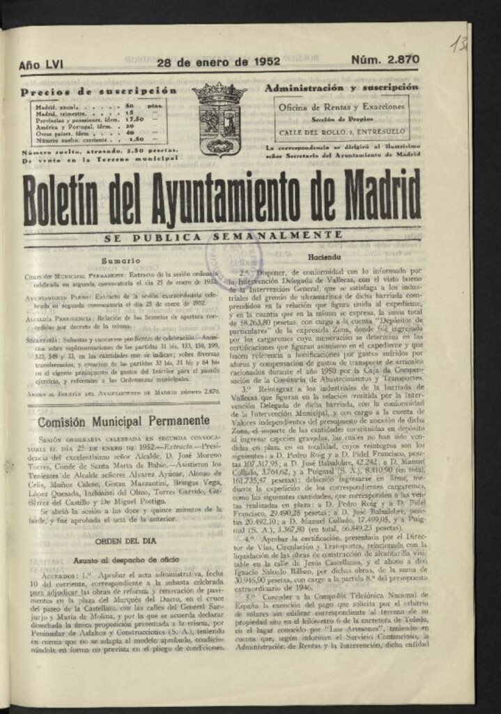 Miniatura de Boletín oficial del Ayuntamiento del 28 de enero de 1952, nº 2870, contiene anexo
