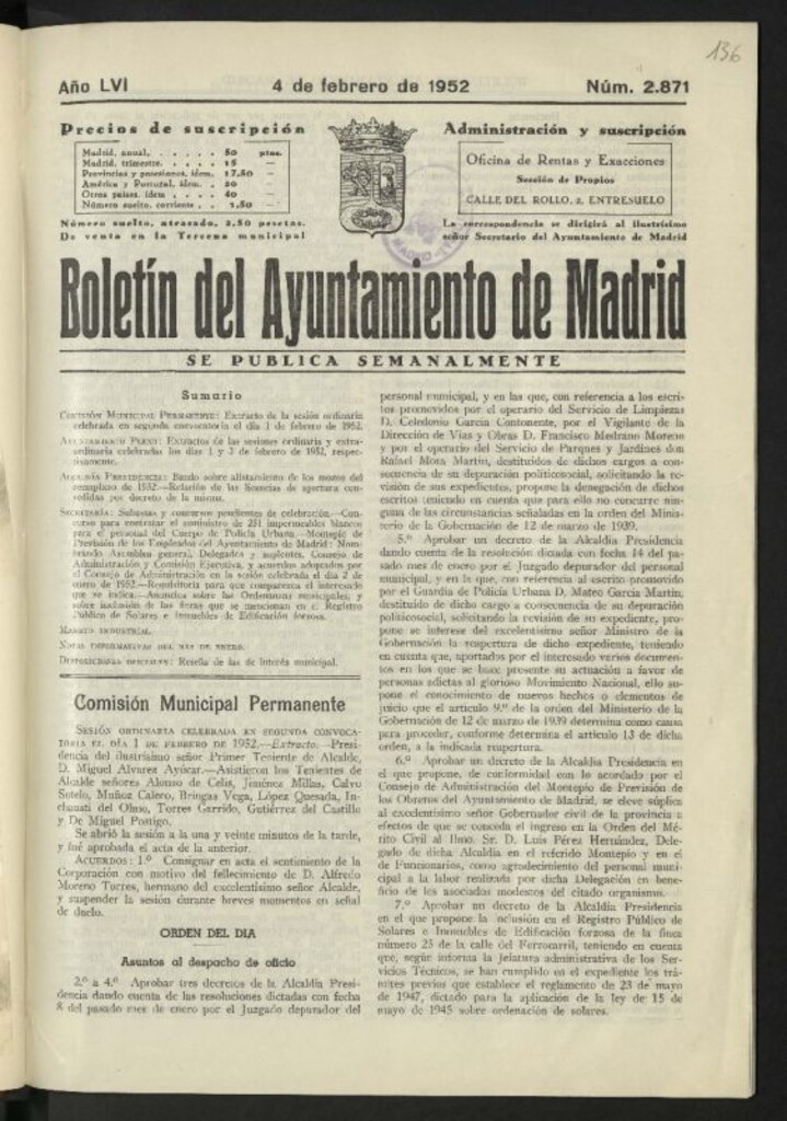 Miniatura de Boletín oficial del Ayuntamiento del 4 de febrero de 1952, nº 2871