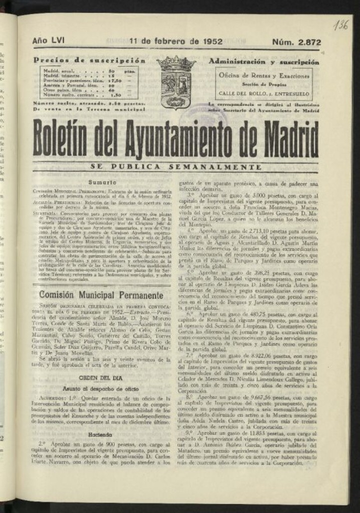 Miniatura de Boletín oficial del Ayuntamiento del 11 de febrero de 1952, nº 2872