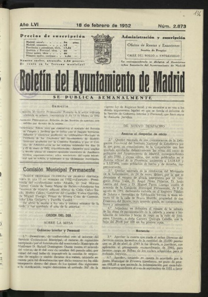 Miniatura de Boletín oficial del Ayuntamiento del 18 de febrero de 1952, nº 2873