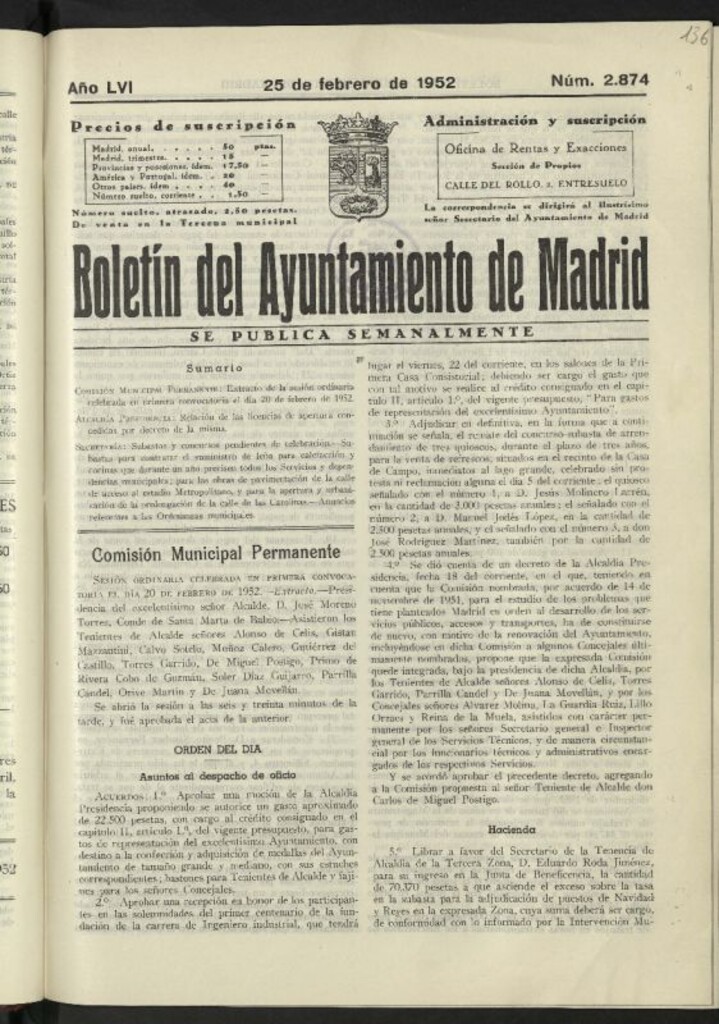 Miniatura de Boletín oficial del Ayuntamiento del 25 de febrero de 1952, nº 2874