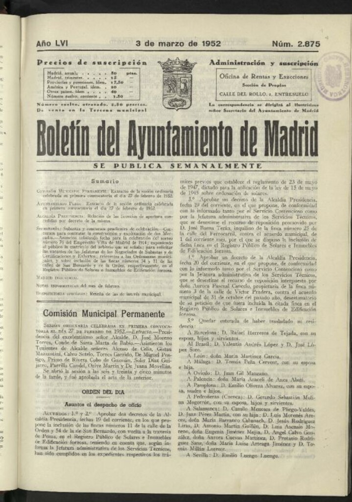 Miniatura de Boletín oficial del Ayuntamiento del 3 de marzo de 1952, nº 2875