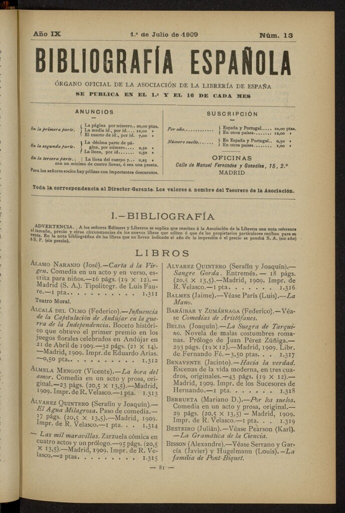 Miniatura de Bibliografía Española del 1 de julio de 1909