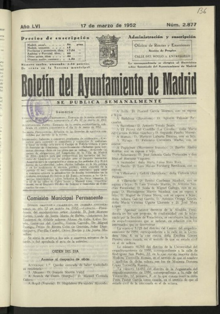 Miniatura de Boletín oficial del Ayuntamiento del 17 de marzo de 1952, nº 2877