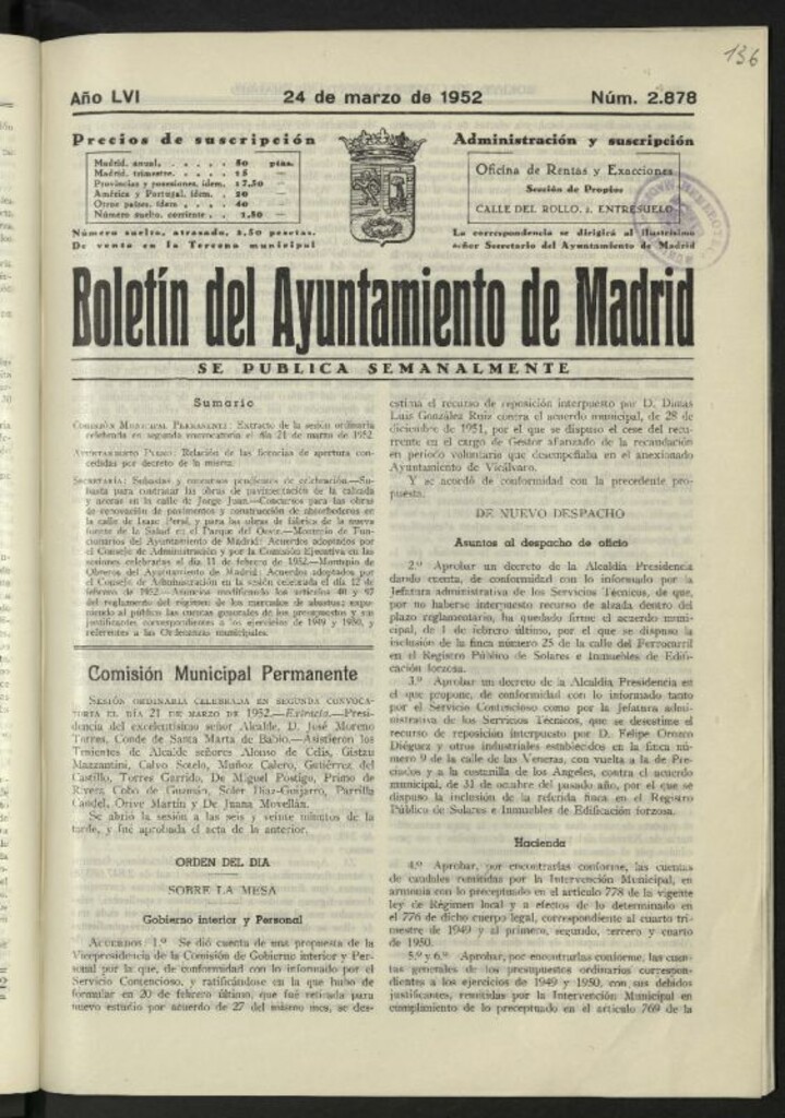 Miniatura de Boletín oficial del Ayuntamiento del 24 de marzo de 1952, nº 2878