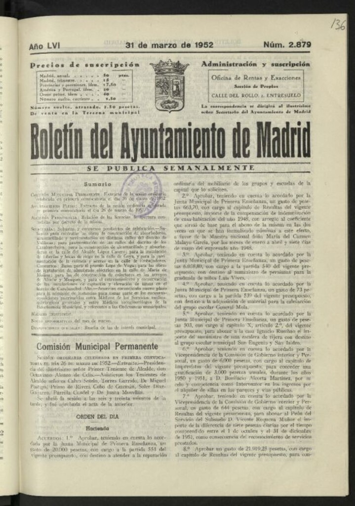 Miniatura de Boletín oficial del Ayuntamiento del 31 de marzo de 1952, nº 2879