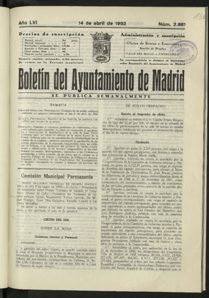 Miniatura de Boletín oficial del Ayuntamiento del 14 de abril de 1952, nº 2881