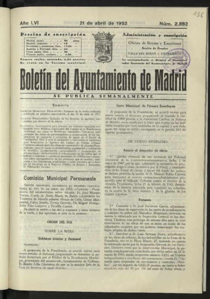 Miniatura de Boletín oficial del Ayuntamiento del 21 de abril de 1952, nº 2882