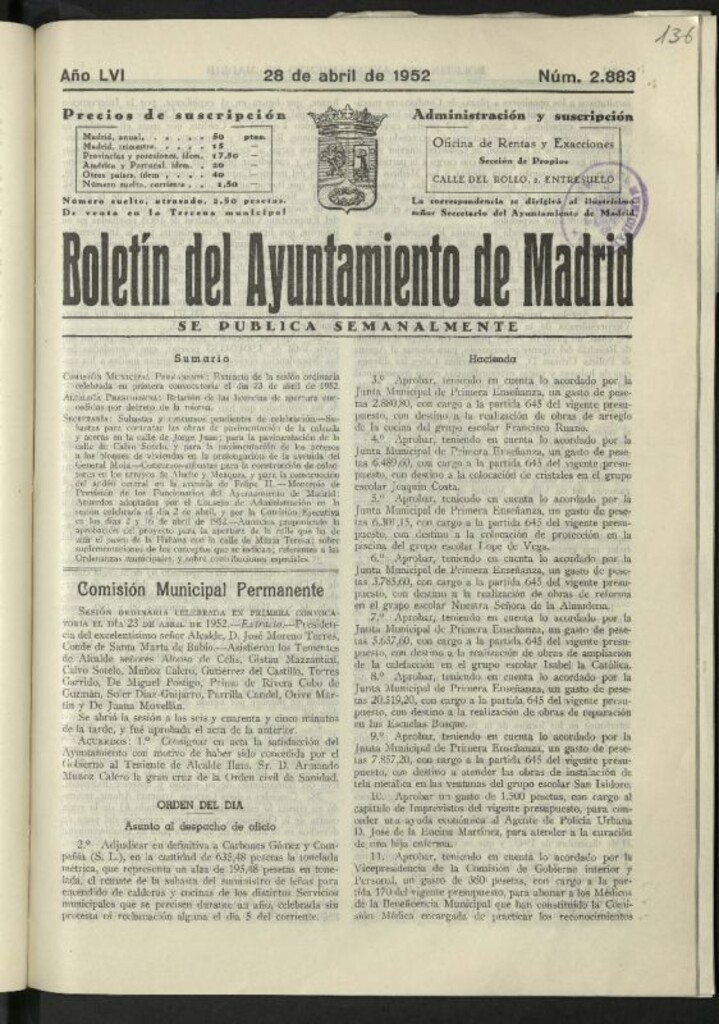 Miniatura de Boletín oficial del Ayuntamiento del 28 de abril de 1952, nº 2883