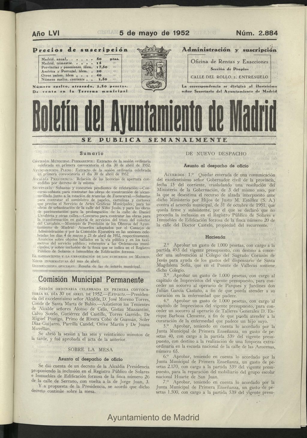 Miniatura de Boletín oficial del Ayuntamiento del 5 de mayo de 1952, nº 2884