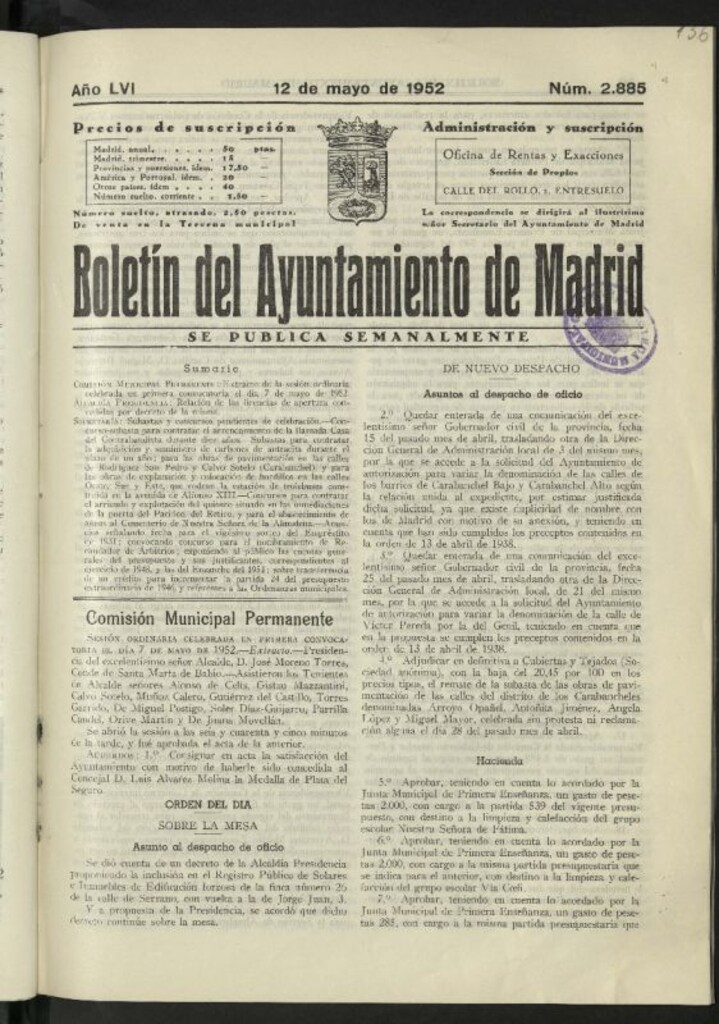 Miniatura de Boletín oficial del Ayuntamiento del 12 de mayo de 1952, nº 2885