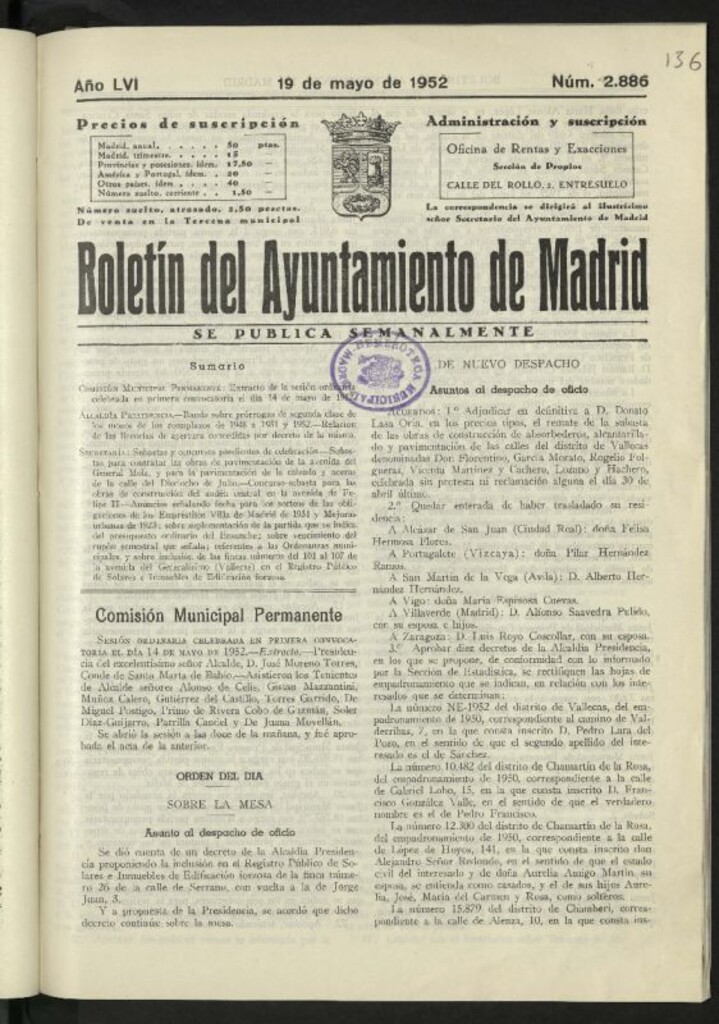 Miniatura de Boletín oficial del Ayuntamiento del 19 de mayo de 1952, nº 2886