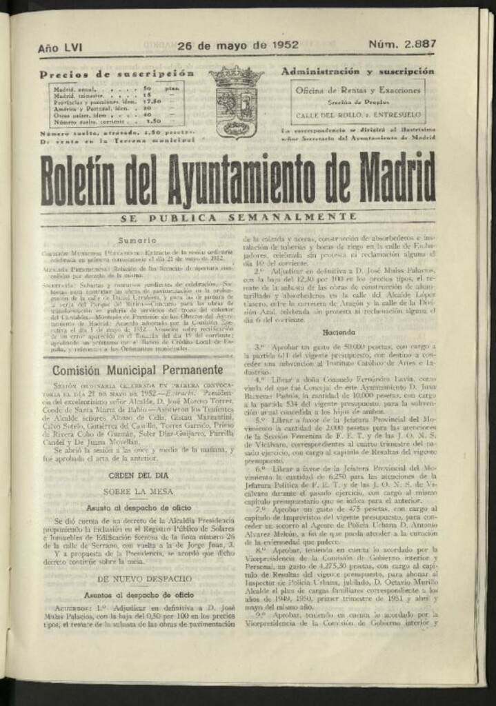 Miniatura de Boletín oficial del Ayuntamiento del 26 de mayo de 1952, nº 2887