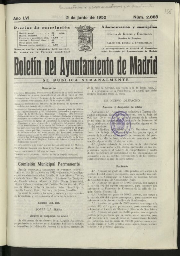 Miniatura de Boletín oficial del Ayuntamiento del 2 de junio de 1952, nº 2888