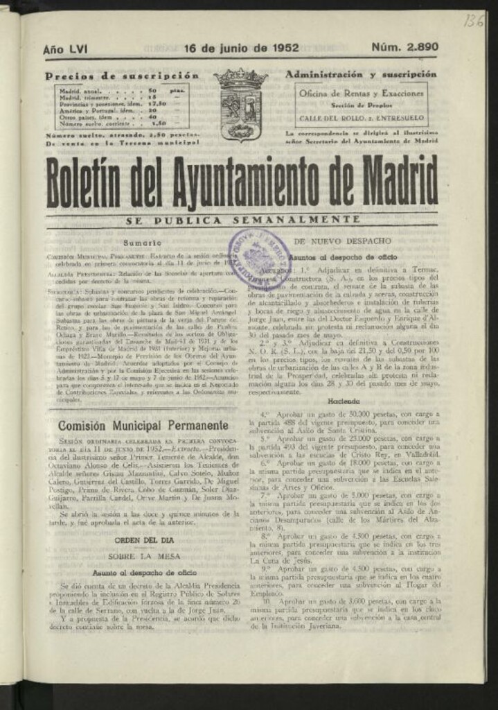 Miniatura de Boletín oficial del Ayuntamiento del 16 de junio de 1952, nº 2890