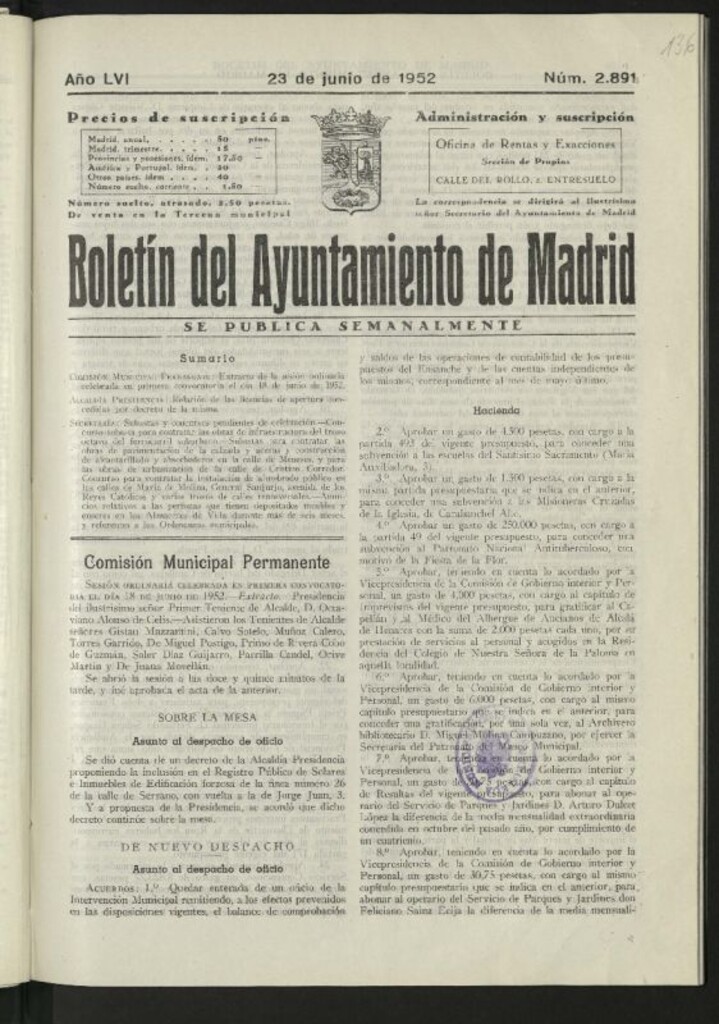 Miniatura de Boletín oficial del Ayuntamiento del 23 de junio de 1952, nº 2891