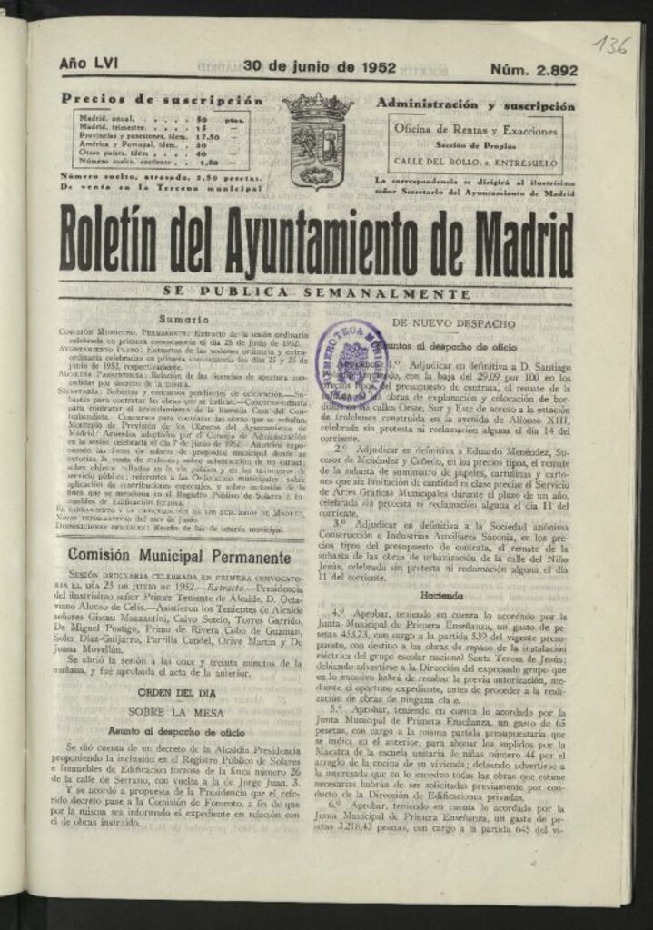 Miniatura de Boletín oficial del Ayuntamiento del 30 de junio de 1952, nº 2892